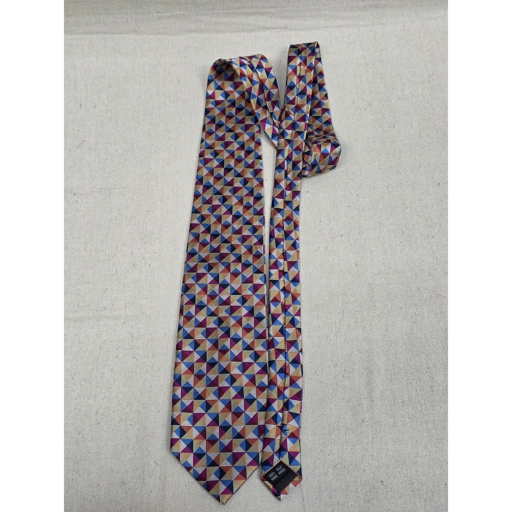 Bachrach Mens Silk Tie Geometric Triangle Mosaic Multicolor Hand Made Silk Tie